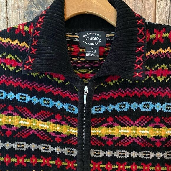 Designer Originals Sz M Black Chunky Knit Striped Full Zipper Weekend Shacket - Picture 6 of 6